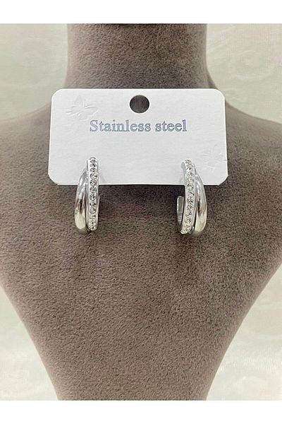 stainless steell 2-Piece Zircon Cubic Zirconia Hoop Earrings (Silver)