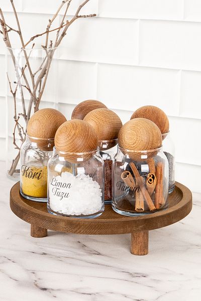 DNS HOME 6-Piece Glass Spice Rack Set with Wooden Ball Lid and Labeled Jar Set with Wooden Stand Storage Container 300ml