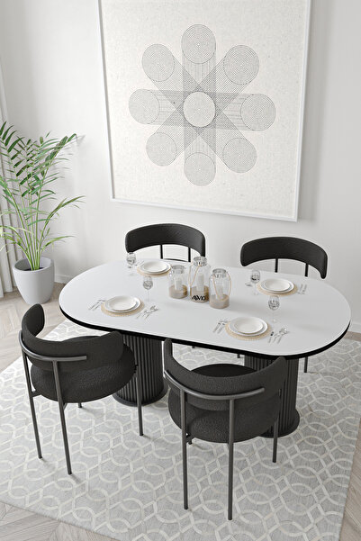 AVVİO Retro Teddy Sandalye Bohem Lake Mdf Ayak 80x160 Yemek Masası Mutfak Masası Masa Sandalye Takımı