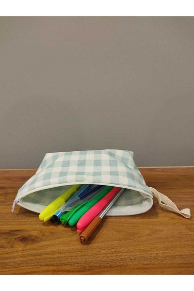 Elbasan Tekstil Μπλε Gingham που πλένεται με φερμουάρ Μονόχρωμη υφασμάτινη θήκη μακιγιάζ