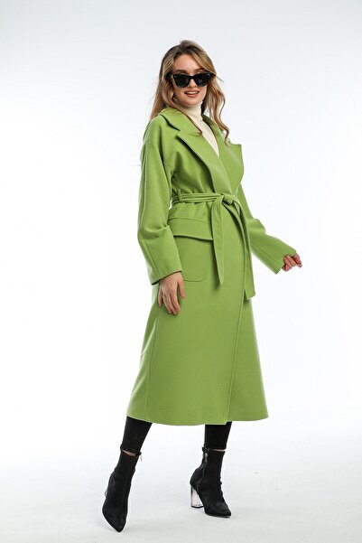 Pitti Women's Pistachio Green Men's Collar Long Coat 70601