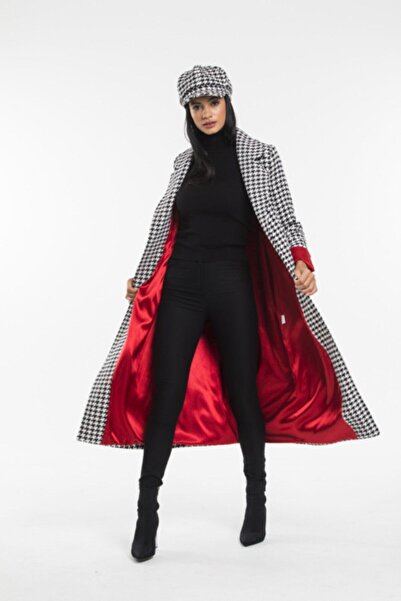 Pitti Women's Black Houndstooth Satin Lined Long Coat 70551 A