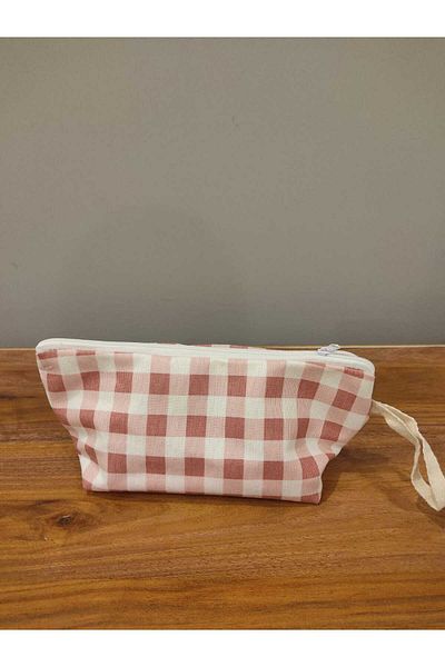 Elbasan Tekstil Ροζ Gingham που πλένεται με φερμουάρ Μονό Μακιγιάζ Θήκη για στυλό