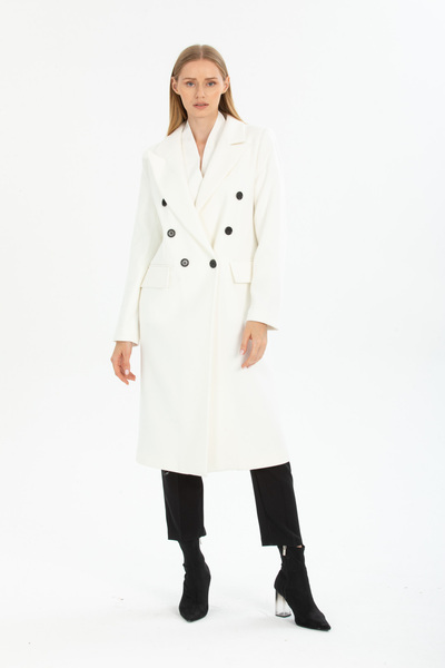 Pitti Women's White Men's Collar Midi Length Black Buttoned Lined Coat 70615
