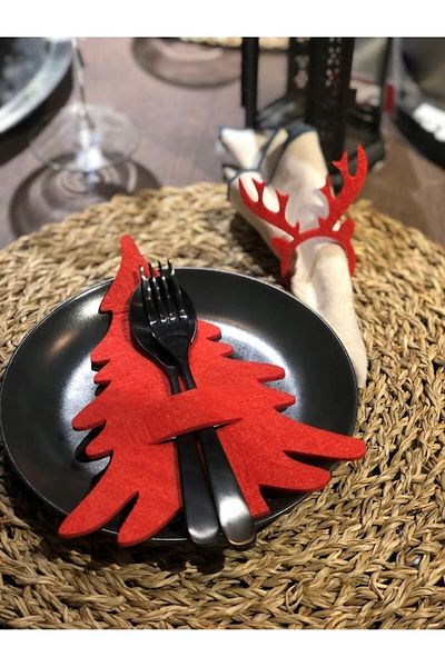 Masalsı Concept 6 Pieces Red Pine Tree Decorative Spoon Holder - New Year's Tableware Decor Service Presentation Holder