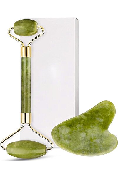 PEDRAS Yeşim Face Roller Ve Yeşim Kalp Gua Sha Yüz Masaj Aleti Premium Set