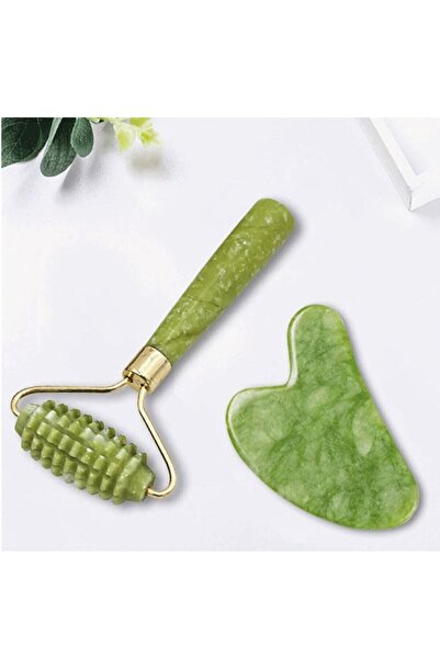Yeşim Tırtıklı Face Roller (tek Taraflı) Ve Yeşim Kalp Gua Sha Yüz Masaj Aleti Premium Set