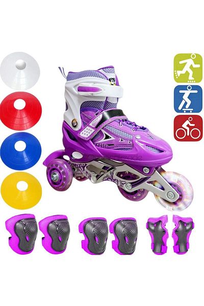Depomiks Avm Practice Skating Lighted Wheel Adjustable Children's Practice Skating Helmet Knee Pad Set + Training Set