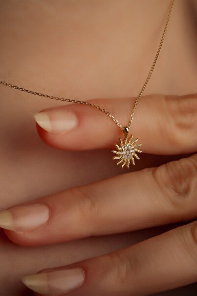 Kuyumcum Güneş Kolye, 14 Ayar Altın Taşlı Mini Güneş Kolye, Sevgiliye , Doğum...