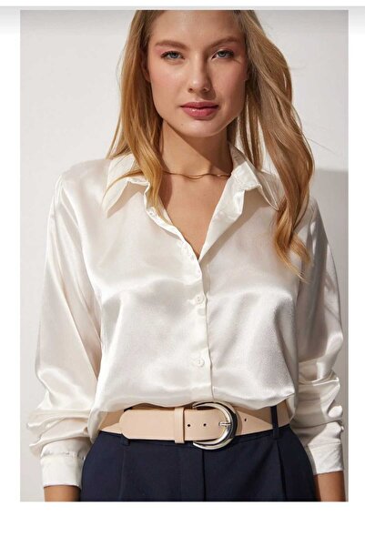 TOT MAĞAZACILIK Hafif Dökümlü Açık Krem Saten Görünümlü Gömlek