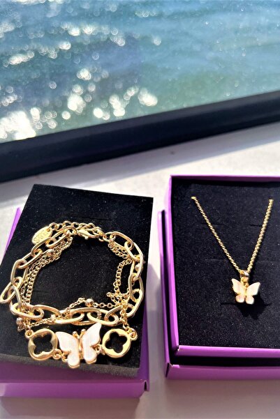 Saltos Beyaz Kelebekli Gold Kolye Bileklik Doğum Günü Hediyesi Sevgiliye Hediye Seti Arkadaşa Kadına Set