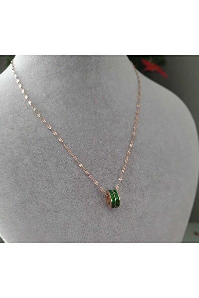 Betül Çekiç Çelik Yeşil Taşlı Rose Renk Aynalı Zincir Kadın Kolye