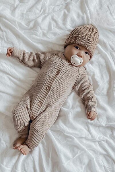 Minytrendy Kız/erkek Bebek Örme Düğme Detaylı Şapkalı Triko Yenidoğan Tulum T...
