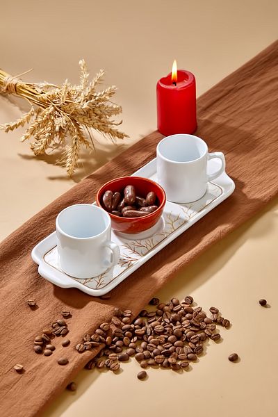 Erbaşlar Valentine's Day Golden Tree 2-Person Luxury Ceramic Coffee Cup Set Turkish Coffee Presentation Set