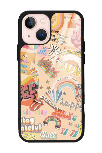 Spoyi iPhone 13 Vintage Sticker Tasarımlı Glossy Telefon Kılıfı