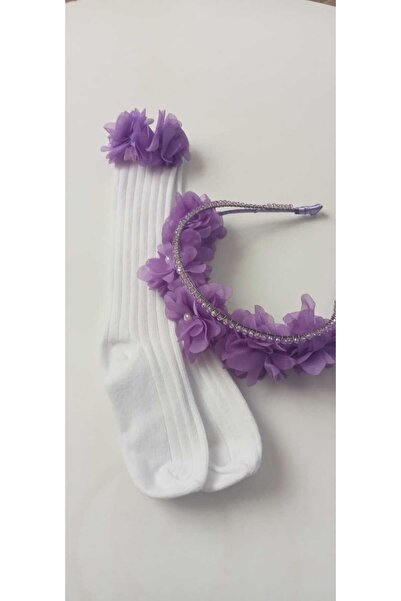 shopland White Knee-Length Girls' Socks and Crown Set with Purple Flower Detail