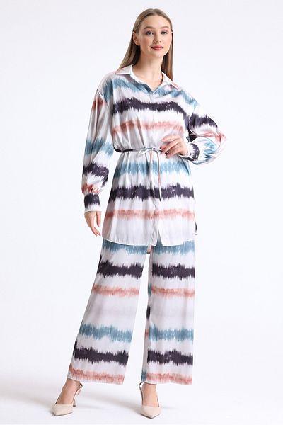MD trend Women's Color Blocked Belted Wide Leg Trousers and Balloon Sleeve Tunic Bottom-Top Satin Set