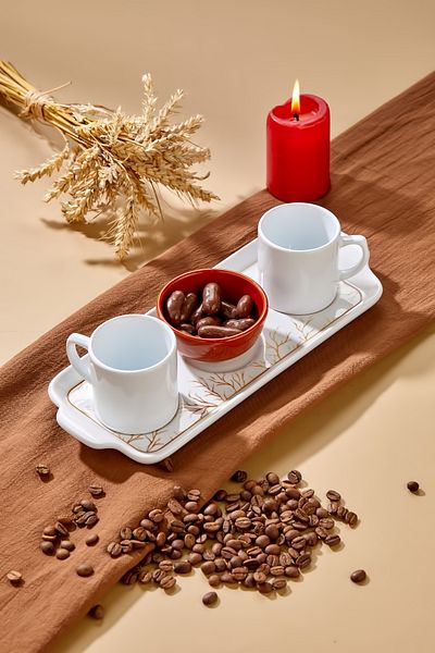 Erbaşlar Valentine's Day Golden Tree 2-Person Luxury Ceramic Coffee Cup Set Turkish Coffee Presentation Set