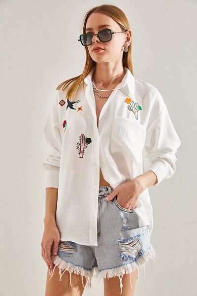 Bianco Lucci Dámská vyšívaná lněná košile