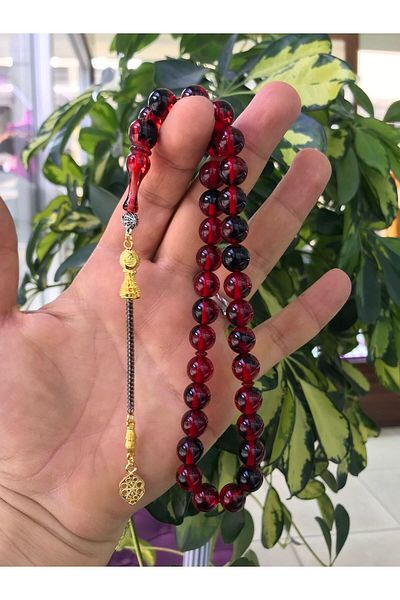 Sultan Telkari Red Color Globe Model Double Tasseled Powder Amber Prayer Beads
