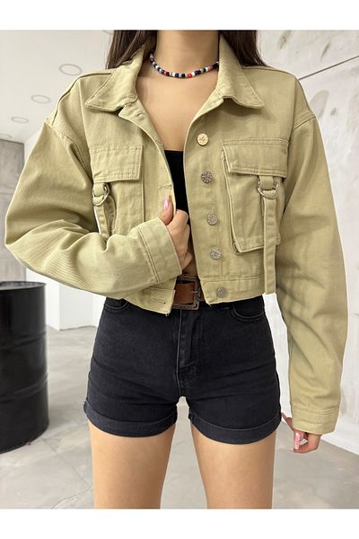 BİKELİFE Übergroße Crop-Jeansjacke für Damen mit Taschendetail