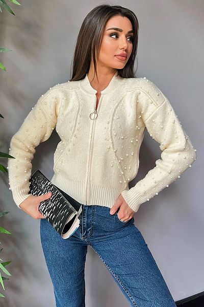 GÜLSELİ Γυναικεία ζακέτα Cream Pearl με φερμουάρ