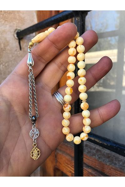 Sultan Telkari Yellow Moire Model Globe Cut Powder Amber Prayer Beads