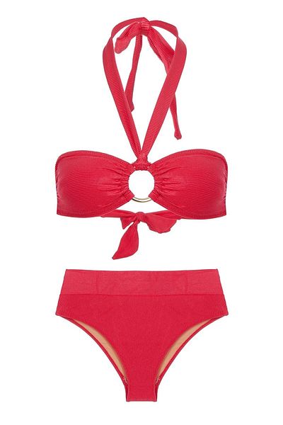 AQUELLA Red Textured Strapless Bikini Set with Buckle