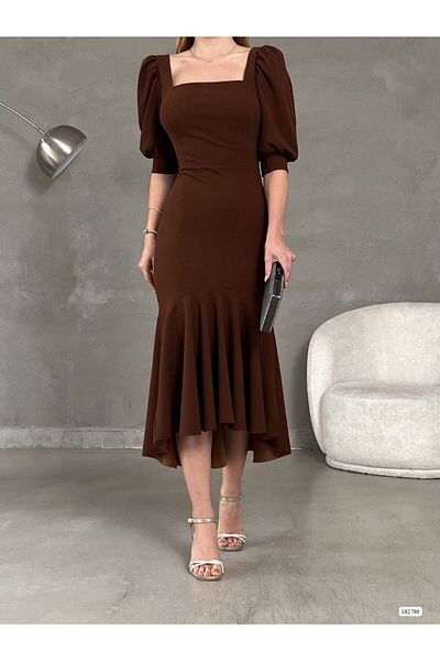 Varyete Princess Sleeve Skirt Flounced Square Neck Midi Length Crepe Fabric Evening Dress Wedding Engagement Promise Invitation