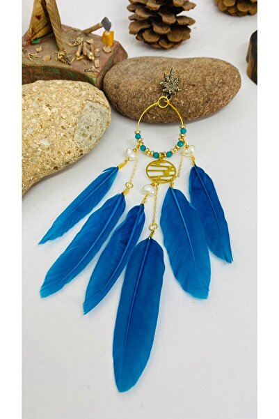 Porsuk Alternatif أقراط نسائية مصنوعة يدويًا من الريش واللؤلؤ مع جهاز نحاسي