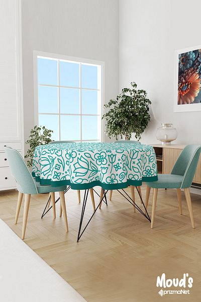 Moud's White Flora Series Patterned Round Suede Carefree Tablecloth