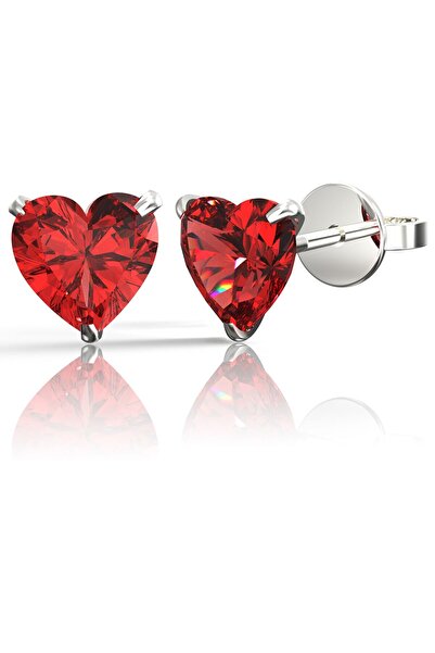 925 Ayar Gümüş,8mm, Garnet, Kalp Kesim (HEART CUT), Tektaş, Zirkon, Pimli Küpe