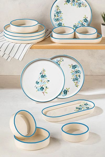 Stile Cucina Turquoise Floral Advantageous 14 Piece Stackable Breakfast Set for 6 Persons Breakfast Presentation Set