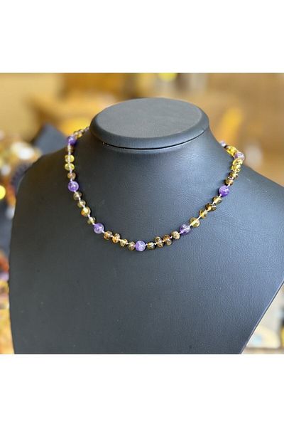 KEHRİBAREVİ KARAMAN Damla Amber and Amethyst Combination Baby Teeth Necklace Original Certified