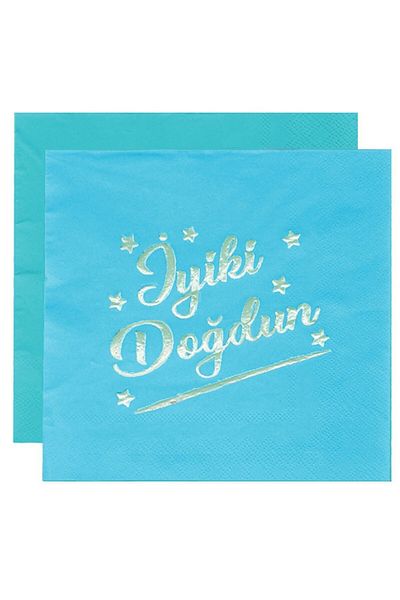 TATLI GÜNLER BLUE Gilded SILVER Lacquered GOOD BORN PRINTED Presentation Napkin 16 Pieces Birthday Party