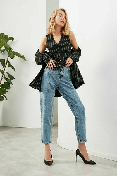 DRC trend Pantaloni din lycra cu talie înaltă pentru femei Mira Blue Mom Jean