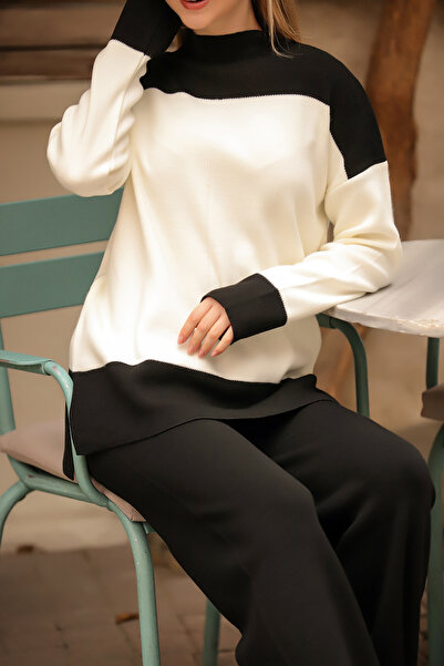 ALCHON Fél garbós csíkos részletes színes blokk pulóver, rugalmas derék, egyenes szárú nadrág, kétrészes kötöttáru szett