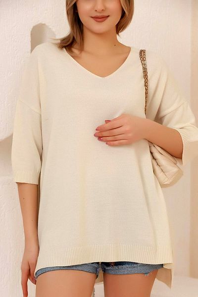ALCHON V-Neck Half-Quarter Sleeve Back Long Front Short Slit Loose Cut Seasonal Basic Loose Knitwear Sweater