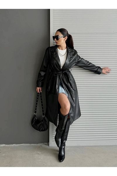 LB Laluna Butik Manșetă din piele de damă, cu buzunare cu curea, pardesiu, trenci