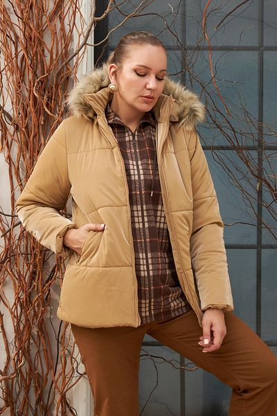 RMG Hooded Shiny Fabric Plus Size Camel Puffer Coat