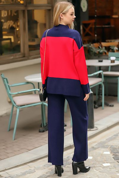 ALCHON Jumătate cu gât rotic cu dungi Pulover blocat de culoare Talie elastică Pantaloni cu picioare drepte Set tricotaj dublu