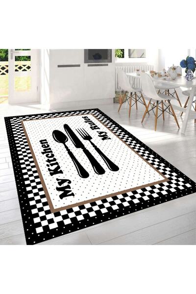 eco concept Motifli Damalı Leke Tutmaz Mutfak Halısı, Kitchen Yazılı Mutfak H...