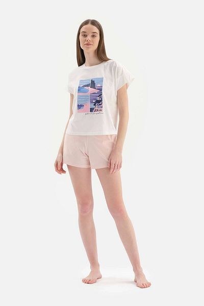 Dagi Weißes Pyjama-Set mit bedruckten Baumwollshorts und Rundhalsausschnitt
