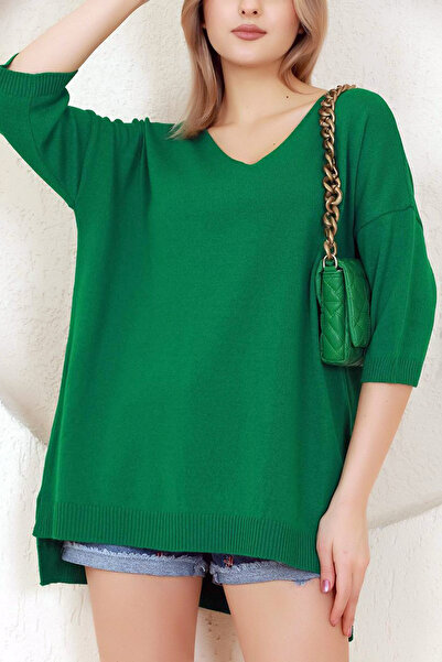 ALCHON V λαιμόκοψη Μισό τέταρτο μανίκι πίσω μακριά μπροστά κοντό σκίσιμο χαλαρή εφαρμογή Εποχιακό βασικό φαρδύ πλεκτό πουλόβερ