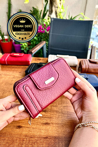CüzCan Lavinia Bordo Vegan Deri Kadın Cüzdan Fermuarlı Ve Mıknatıslı (16X9 CM)