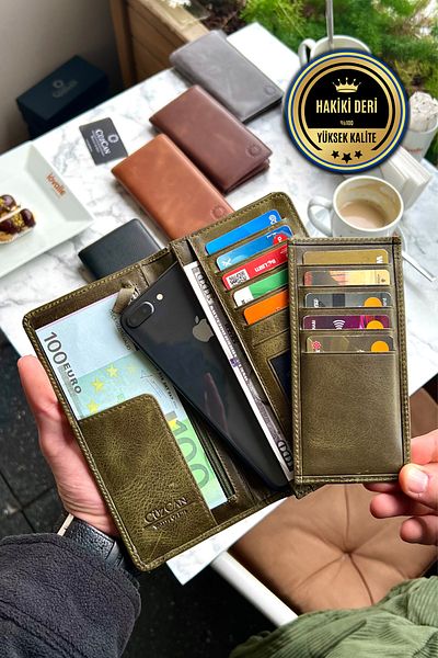 CüzCan Piarde Antique Green Unisex Γνήσιο Δερμάτινο Πορτοφόλι με θήκη για κάρτες Δώρο Τηλέφωνο