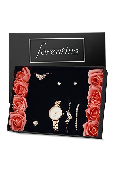Forentina Rose Melek Kanadı Kolye Bileklik Küpe Saat Güllü Kutuda Hediye Set - Ps276300tr