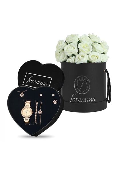 Forentina Rose Kar Tanesi Kolye Küpe Bileklik Yüzük Saat- Güllü Kutu Set - Ps...