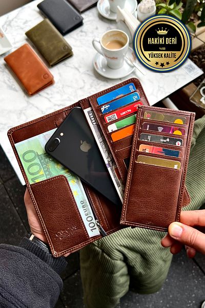 CüzCan Piarde Antique Brown Unisex Γνήσιο Δερμάτινο Πορτοφόλι με θήκη για κάρτες Δώρο Θήκη τηλεφώνου