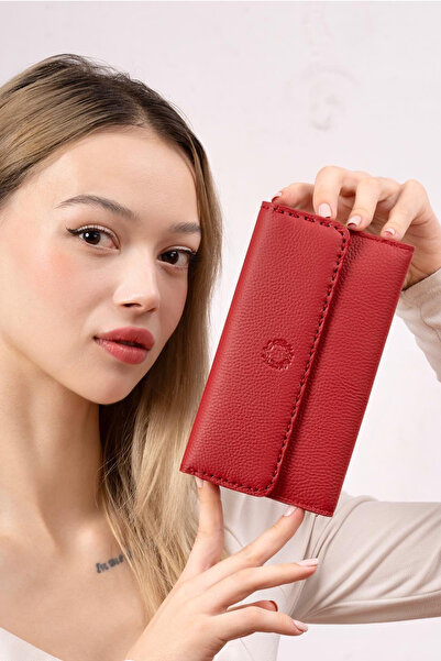 CüzCan Women's Genuine Leather Wallet with Redline Knitting Detail